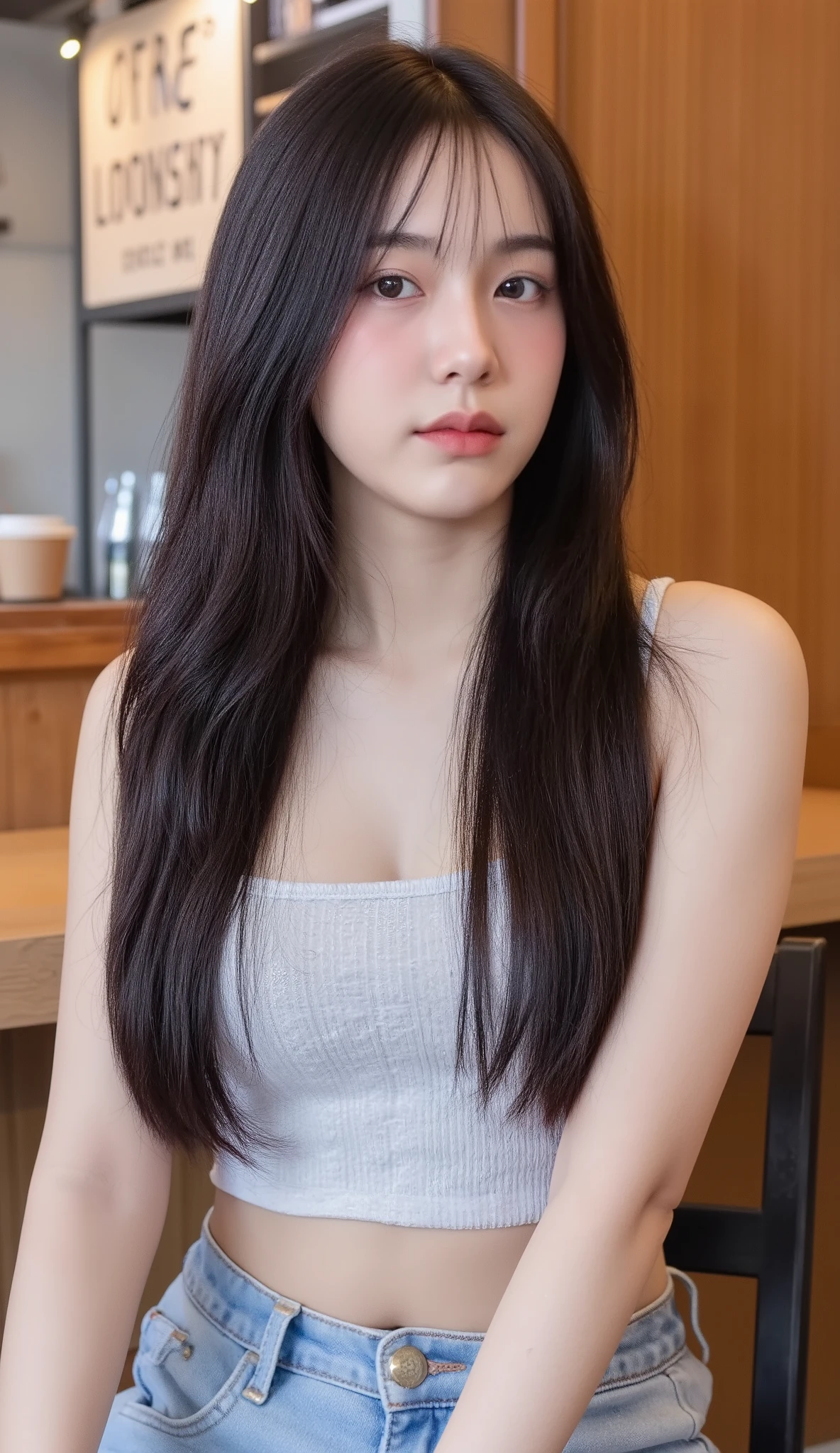 Realistic Teen Women Beautiful Face Black Long Hair Big Breasts Attractive Shape Looking At Camera 8K High Definition Sharp Focus Very High Detail Realistic Like Photo Natural Light Smooth Skin
Sitting in a popular pearl milk tea shop in front of the university, she wore a grey cropped hoodie with low-waisted loose-fitting jeans. The camera angle was slightly below her chest. Her eyes looked down at the camera with her head still straight. The atmosphere was warm and stylish.
