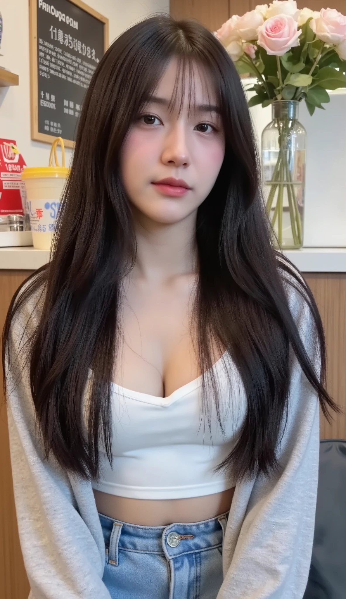 Realistic Teen Women Beautiful Face Black Long Hair Big Breasts Attractive Shape Looking At Camera 8K High Definition Sharp Focus Very High Detail Realistic Like Photo Natural Light Smooth Skin
Sitting in a popular pearl milk tea shop in front of the university, she wore a grey cropped hoodie with low-waisted loose-fitting jeans. The camera angle was slightly below her chest. Her eyes looked down at the camera with her head still straight. The atmosphere was warm and stylish.