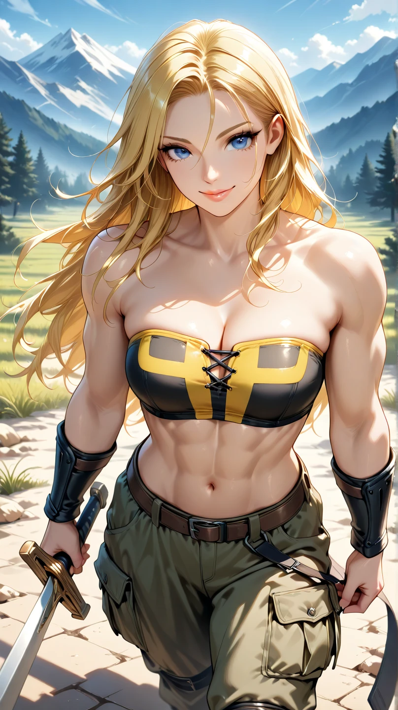 Masutepiece, best quality, hight resolution, 1girl in, Schattiges Gesicht, Blondes langes Haar, Pretty, big, ((Graue Augen)), Muscular arms, dicke Lippe, Kuss Mund, rote Lippe, Green Skirt,