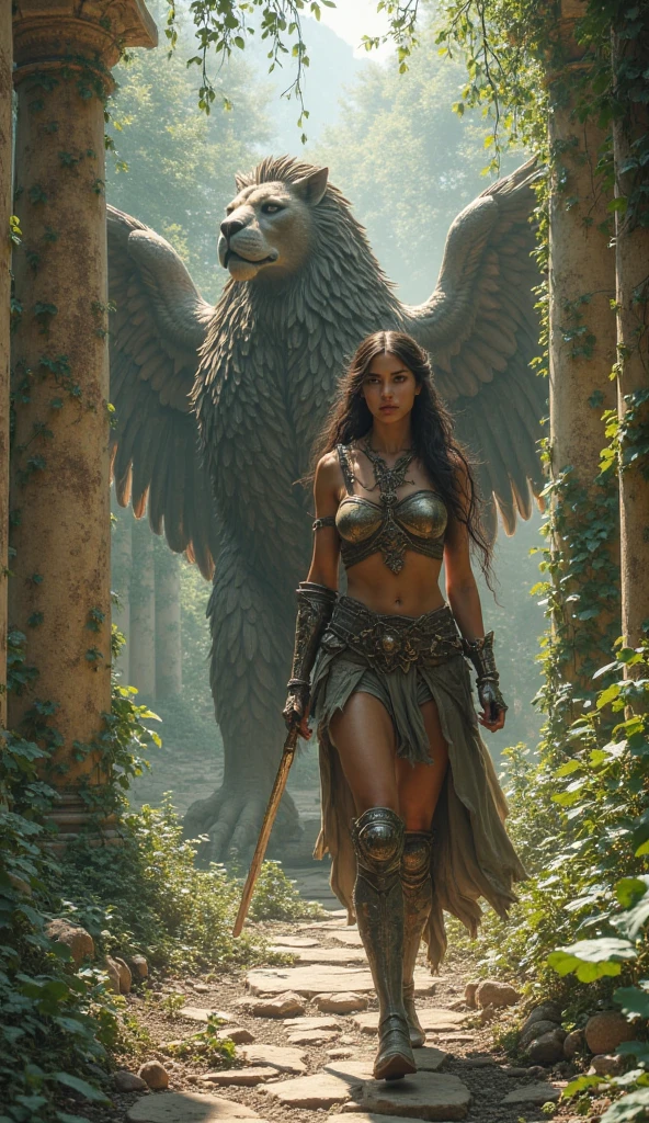 A beautiful female angel standing in a primeval jungle, whole body, Wearing a leopard fur costume, Holding a stone axe, Daytime, whole body