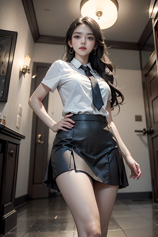 Arad woman wearing short skirt and white shirt posing for photo, Surrealism female students, Surrealism female students, actual , Realistic animation女孩渲染, stockings and skirt, 3D animation realistic, Small curves , Wearing a skirt and high socks, Realistic animation, cute female student, actual anime 3 D style, female student