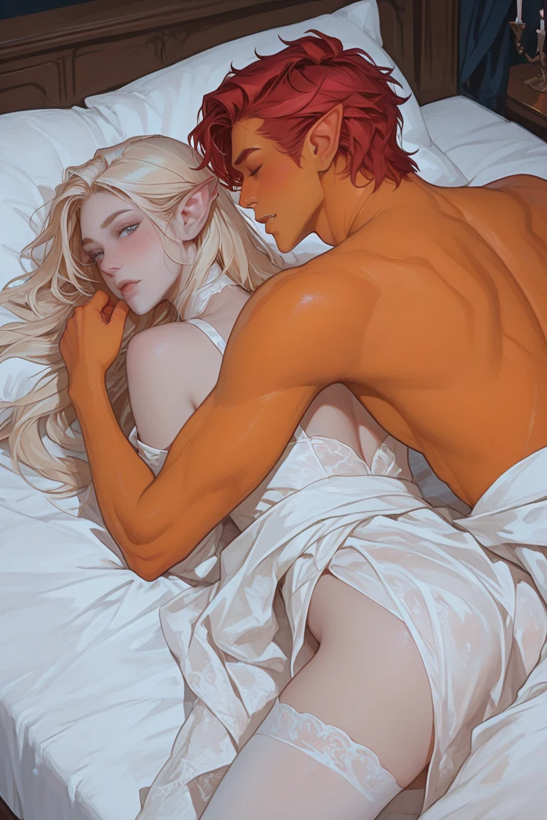 a couple of a blonde boy and a brown skinned girl with black and red hair having passionate sex in a luxury double bed in a mansion. gold details and luxurious quarter