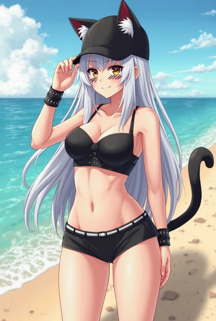 Neko cat girl with white hair and bikini