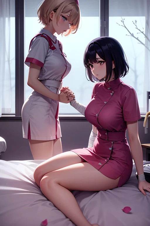 (​masterpiece、top-quality、hight resolution、Unity 8k Wallpaper、extremely details CG:1), The film describes a scene where two women are about to begin a homosexual relationship together at the side of a bed in a private room. The young woman, who is nervous for the first time, is being coached by an experienced senior. The senior gently takes the young woman's hand and teaches her in an encouraging manner. The intimate setting highlights their supportive relationship and shows the young woman looking to her senior for guidance and confidence. nsfw