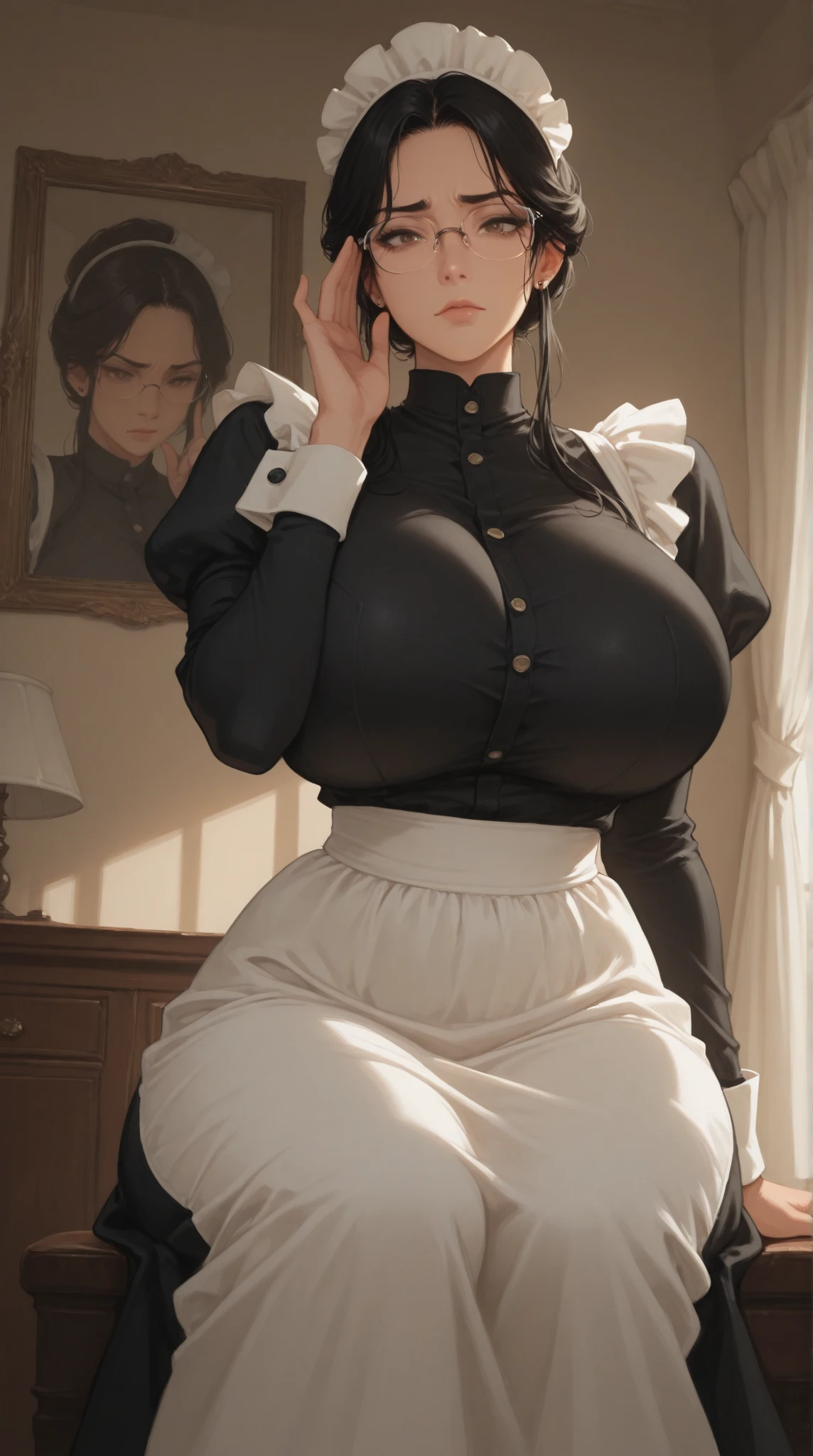 (best quality,4k,8k,highres,masterpiece:1.2),ultra-detailed,(realistic,photorealistic,photo-realistic:1.37),beautiful expressive eyes,long eyelashes,beautiful detailed lips,detailed hair and face,(She looks as if she is about to cry.),clean and flawless skin,(Very large breasts, big tits, oversized tits),Short hair,(Earrings, maid uniform),