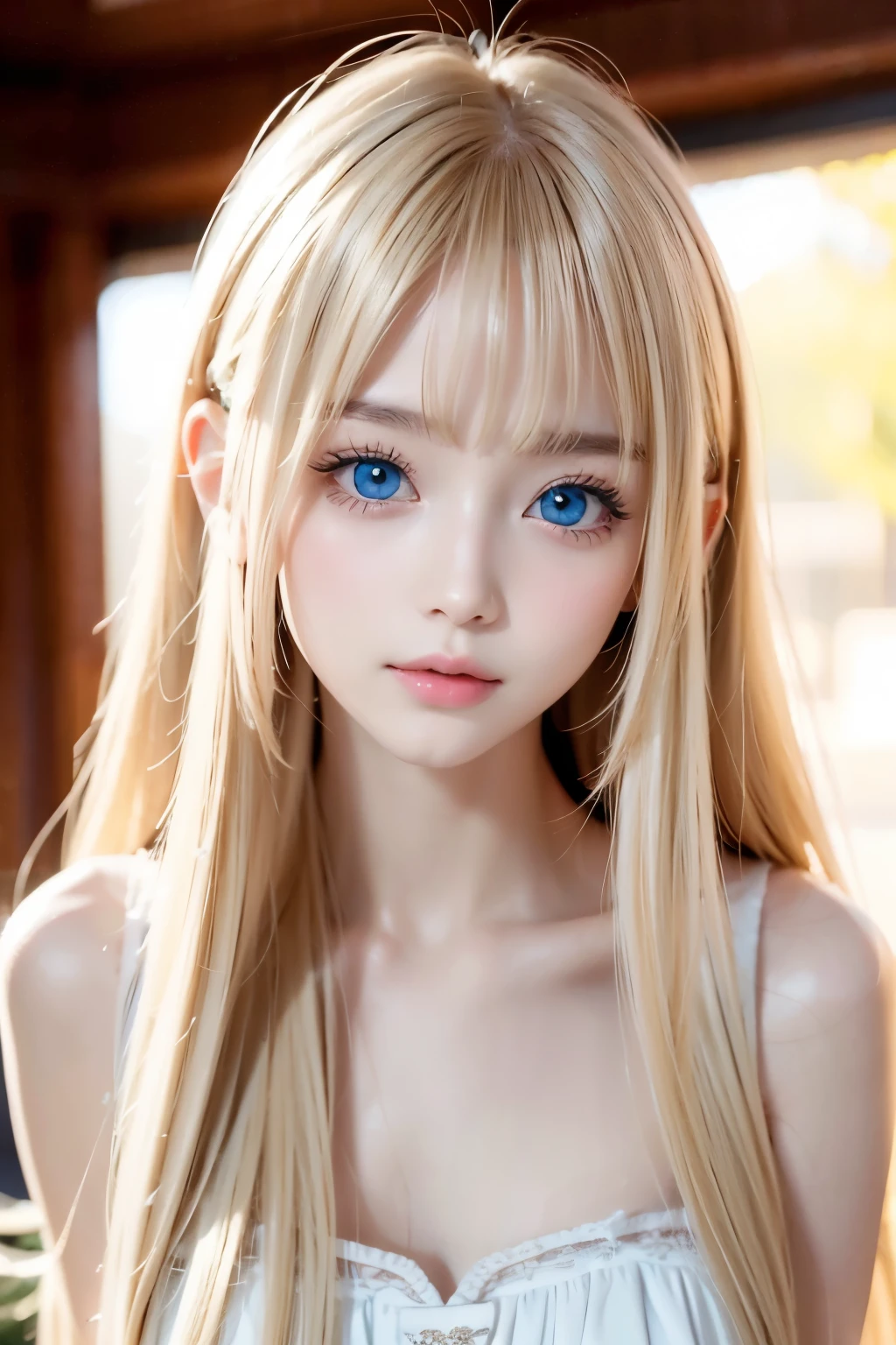 1 Girl, very messy blonde hair, Super long beautiful blonde、Very beautiful super long shiny hair、Bangs between the eyes、bangs on the face、Very beautiful cute face、Very cute beautiful girl、Very white, shiny, radiant skin、solo、super high quality、Hard Focus、Film Grain、Ultra-high resolution、masterpiece、Beautiful detailed, clear, sparkling, light blue large eyes、Very big eyes、Small Face Beauty、Round face、