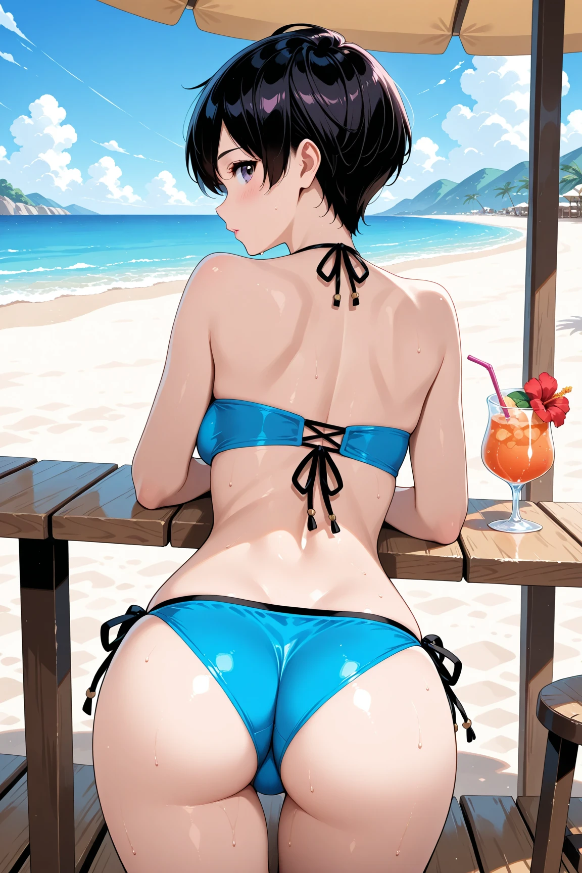 (((masterpiece, highest quality, High resolution, 超High resolution, Perfect Pixel, Depth of written boundary, 4K, RTTX 10.0))), Beautiful Anime Woman, Beautiful art style, Anime characters, ((Smooth texture, Realistic texture, Anime CG Style)), Exact finger count、Exact number of legs、(Exact number of arms:1.0, Exact number of hands:1.0), (Perfect hands, Perfect Anatomy), cinematic, Realistic, Extremely detailed CG, Daytime lighting, Perfect lighting, Best Shadow, The best natural light, whole body, Perfect body, (Slender body:1.2), ((Long Hair, bangs, Dark brown hair, Stylish hairstyle, Bobcut)), ((A cute woman is walking and carrying a drink in her hand, Back view:1.6)), ((alone:1.0)), beauty, cute, ((Sexy and cute dark purple underwear:1.3), (Stylish shiny dark purple satin panties, Side-tie panties:1.3), (Thin panties:1.3), (dark purple micro lace satin bra, Thin bra:1.3):1.3), (Beautiful little ass:1.2), (Beautiful and thin thighs:1.3), Feeling embarrassed, (blush:1.2), (Very embarrassed look:1.4), Troubled expression, (At an outdoor amusement park, There is a Ferris wheel and people having fun behind it.々:1.3), naked, In underwear, Waitress in underwear, Maid Headband, whole body, (Underwear waitress carrying drinks:1) , (butt crack:1.6)