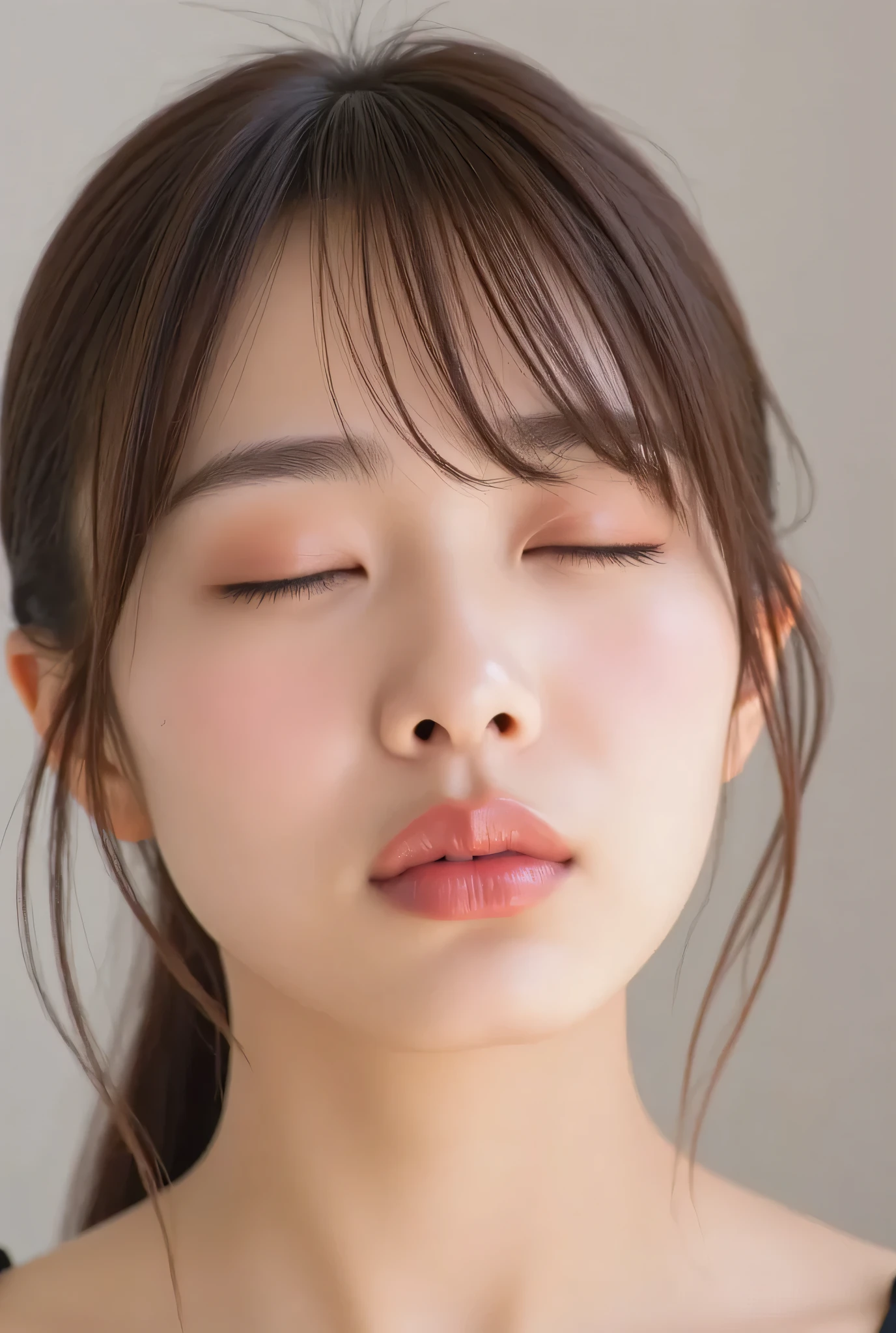 ultra-detailed close-up of a beautiful modern girl, collarbone-up composition, white studio background, soft natural lighting, soft focus on background, 
camera angle slightly elevated (about 60 degrees), subject's chin gently raised, head and face facing forward, body posture suggesting slight tiptoeing, 
eyes gently closed, dreamy and euphoric expression, cheeks and ears flushed with bashful blush, lips tightly puckered and strongly protruding, 
mouth forming a rounded "O" shape like whistling or blowing a kiss, kissy lips, extremely glossy and moist lips with shimmering highlights, 
natural-looking shiny lip gloss as the only makeup, skin is matte with visible peach fuzz and realistic pores, 
subtle facial contour blur to guide viewer’s gaze toward lips, cute and soft dere-dere mood, 
deeply affectionate smile while puckering, hands behind the back and not visible, black camisole straps slightly visible, 
overall overflowing with affection, adorably seductive and shy charm, longing and dazed joy, subtly coquettish expression, 
no vintage look, fully modern skin tone, hair texture and color corrected to current aesthetic standards
