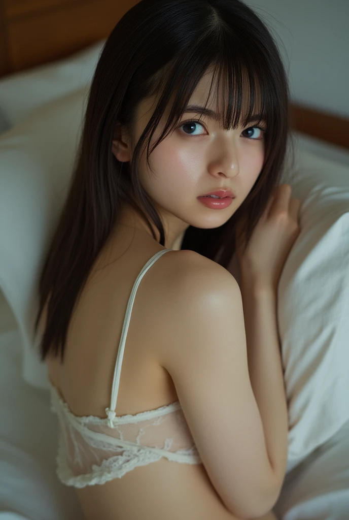 realistic figure, photogenic, middle length light brown hair, beautiful white-colored translucent skin, a little sunburned, medium build a little bit chubbily figure, no makeup, small mouth, small nose, smooth shaped jawline, glossy face, flushed cheeks, sleepy and vacant expression looks like drunken, wearing only lace black underwear, lying face down and cuddling on the bed, room is dark, close-up shoot, angle looking side from below