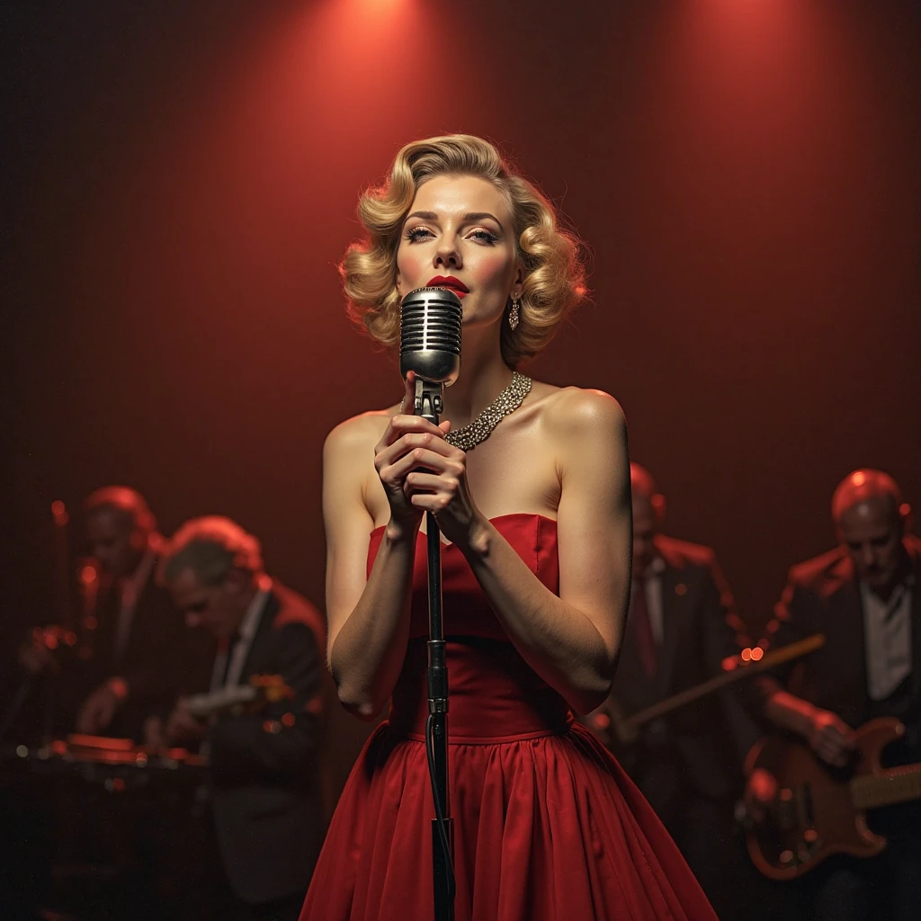 girl, 20 years old, (((French ethnicity))), (((elegant 1920s singer))), waterwave hairstyle, vintage sequined dress, holding a vintage microphone, glamorous makeup, femme fatale, art deco stage, performing in a grand theater,photorealism, highly detailed, ultra quality, cinematic lighting, realistic skin texture, (((white hair))) (feminine), ((alluring facial expression)), ((exquisitely detailed facial features)), ((perfect eyes)), 8k wallpaper, nikon, trending on Artstation, trending on CGSociety, (sensual), ((full lips)), (((slim waist))), (((wide hips))), (((eyes closed)))