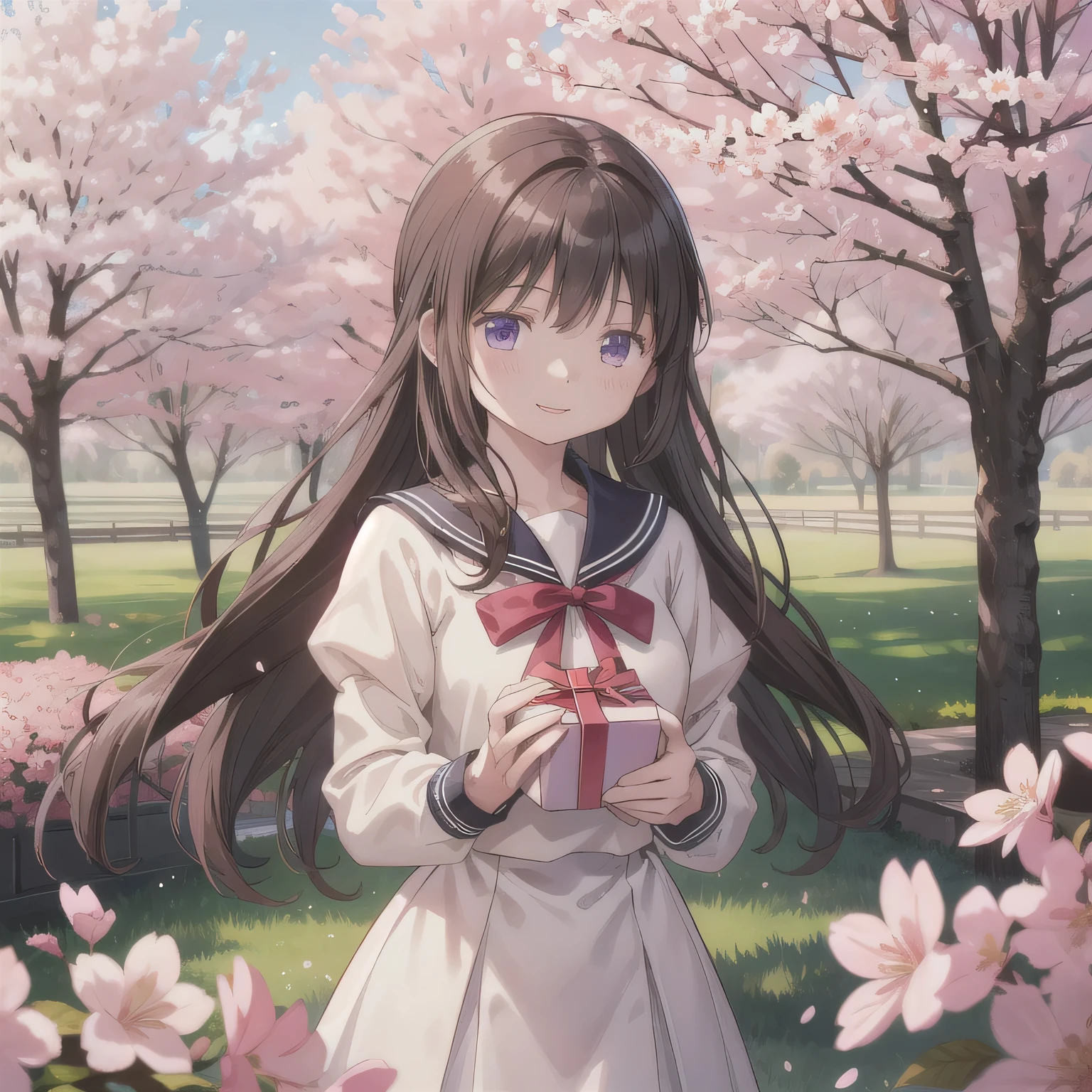 A breathtakingly beautiful 20-year-old woman stands in a lush park filled with cherry blossoms in full bloom beneath a clear blue sky. She wears a classic sailor uniform and gently holds a small, neatly wrapped gift box adorned with a red ribbon. Her radiant smile and joyful expression convey heartfelt happiness. Long hair, dark hair, purple eyes.