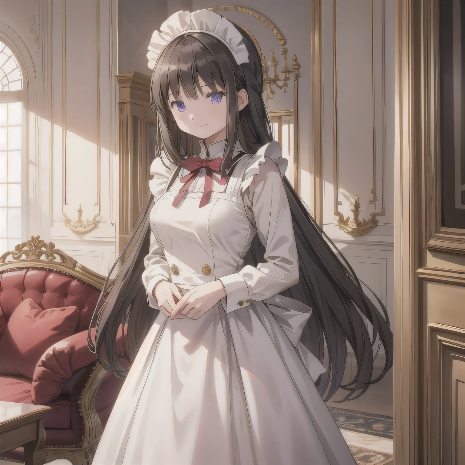 A breathtakingly beautiful 20-year-old woman stands in an opulent mansion room, dressed in a classic black-and-white maid outfit with a short hem and a white brim cap. Her confident smile radiates warmth. The room features elegant furnishings and decor befitting a grand estate, bathed in soft, natural lighting that enhances the sophisticated ambiance. Long hair, dark hair, purple eyes.