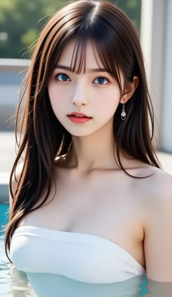 (highest quality、High resolution、masterpiece:1.3)、tall and cute woman、big and full breasts、loose wavy dark brown hair、brain out、necklace、white bikini、(background coast)、Precisely expresses details such as face and skin texture、detailed eye、double eyelid、light smile、whole body、short cut hair、Upper body