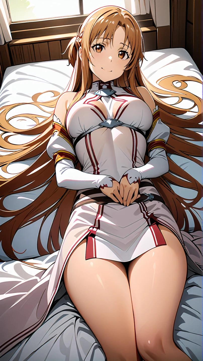 ((masterpiece)), best quality, ultra detailed,(1girl), long hair,beatiful background ,((a dress with white stockings on garters)), ???????, curvy body,lying, looks to the side, worried face,shows the ???,