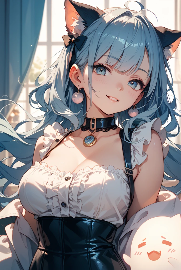 frill bikini, open mouth, tongue out, smile, heart, ((masterpiece, best quality:1.5)), ((Beautiful detailed cat aqua eyes:1.2)), cat ears, pale skin, large breasts, beautiful hands, beautiful fingers, EasyNegative