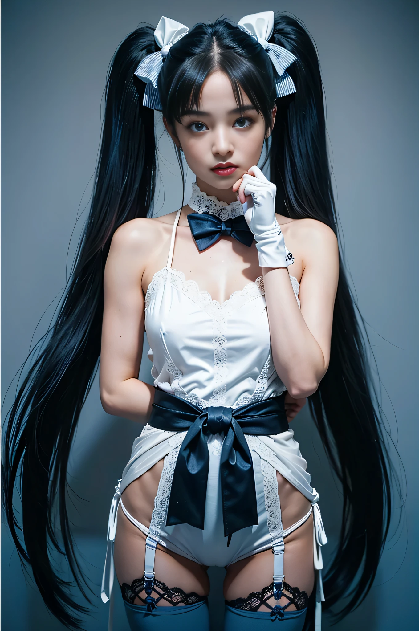 (8K, Raw photo, Best Quality, masutepiece:1.2), high-definition RAW color photography, professional photograpy, (Realistic, photographrealistic:1.37), ((Best Quality)), various attractive posing, full body shot;1.2. 1young girl, asymmetrical legwear, (black bow:1.2), black ribbon, (blue hair:1.5), bow, breasts, gloves,(hair bow:1.3), (very long hair:1.2), simple background, standing, striped bow, thighhighs, white background, white gloves, (lace legwear:1.2), Delicate hands, detailed fingers, five fingers, (one hand pinching the waist:1.3), (twintails:1.3), realhands, nsfw
