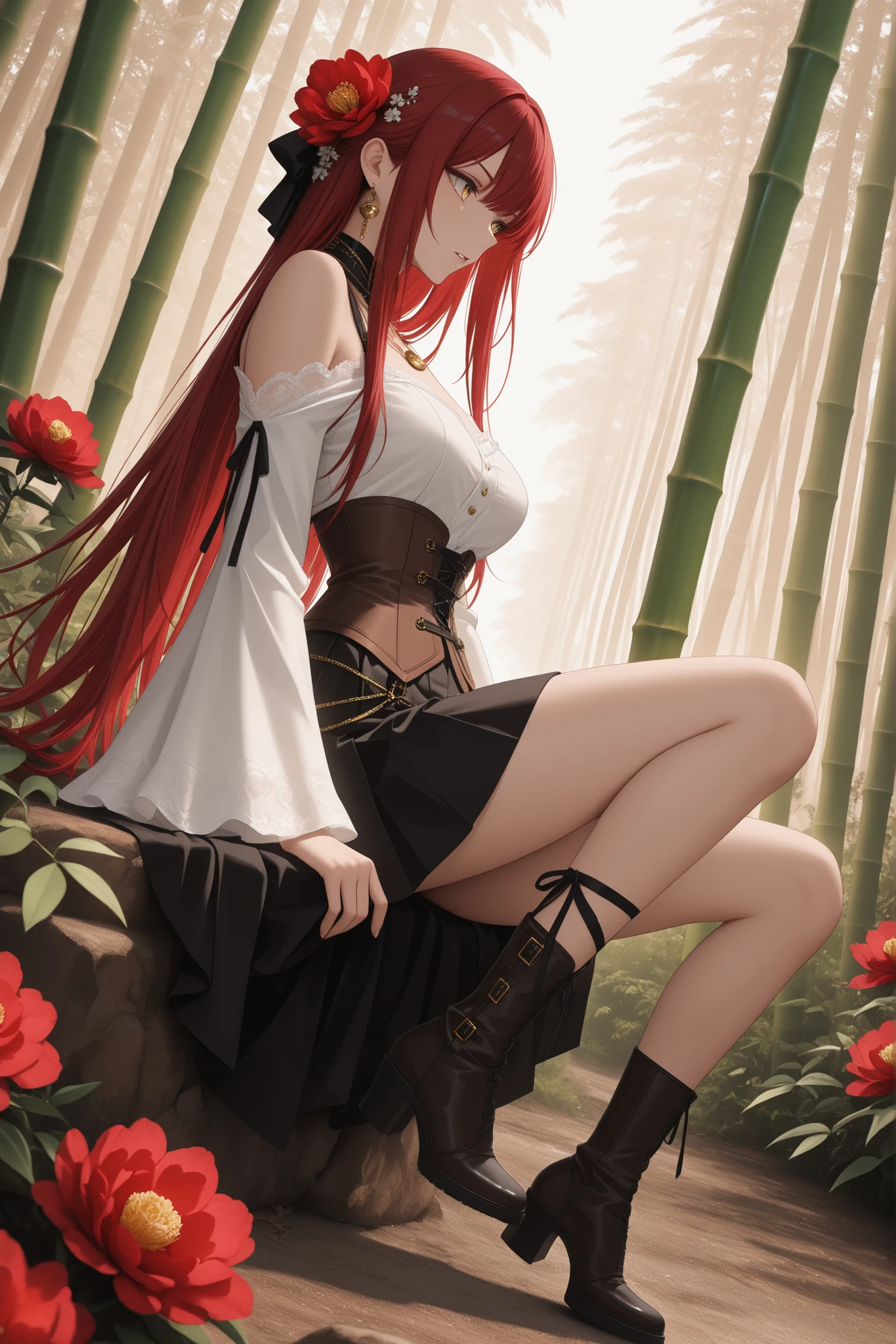 1 girl ,golden eyes , very long hair , long sidelocks, red hair ,half updo, petite , very cute , beautiful ,Straight hair, cool, handsome, hair ween eyes, , mediumlarge breast, cool, beautiful, hair flower, Canna-Lilie, white vintage Pleated blouse with bell sleeves and bare shoulders brown vintage-gothic lace-up corset, long black gothic skirt with ruffles, heeled boots, Delicate belt chains with feather jewelry, white theme, light brown theme, necklace, bamboo, flower, hair flower, red flower, peony (flower), hair ornament, leg ribbon, solo, full body, sitting, looking away, parted lips, from side, ((dynamic angle)), dynamic pose, outdoors, nature, (blending, surreal:1.3), masterpiece, best quality, amazing quality, very aesthetic, 8k, HDR, cinematic,