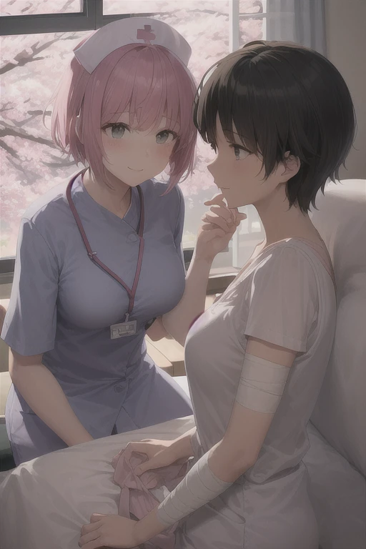 Two female nurses having fun in the hospital、lesbian mika、Greedy kiss、Yodare、tongue、Modest chest、((small breasts))