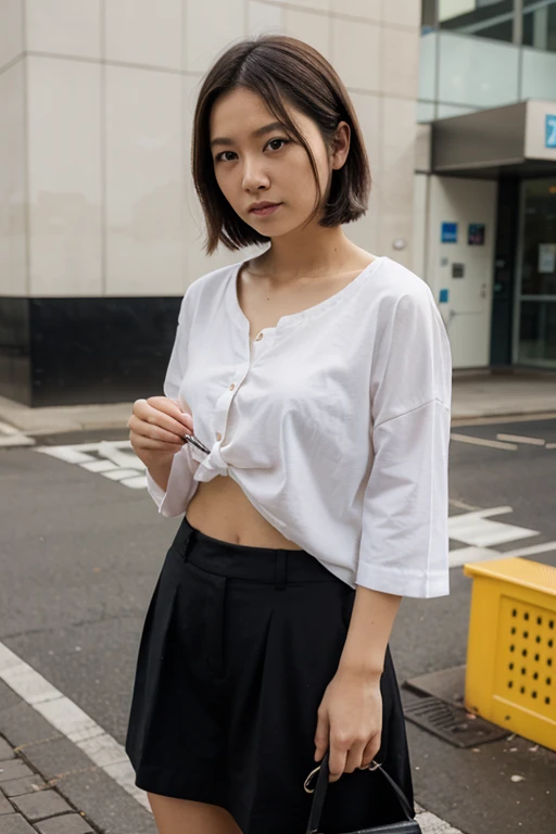 ((Extremely precise and accurate anatomy)), (masterpiece:1.43), Perfect balance, Realistic photos, ((Viewing angle from below、Highest quality、masterpiece、32k、Every detail counts、(Realistic:1.5), (Real Skin:1.5), One girl,))、Go down the stairs at the station、commute、whole body、Tank top with loose chest、Leaning forward、(((A strong wind blows her hair and skirt:1.62)))、One Girl、(((The shoulder strap of the bag can be worn diagonally across the body:1.4、No underwear:1.22、Big Breasts、barefoot)))、