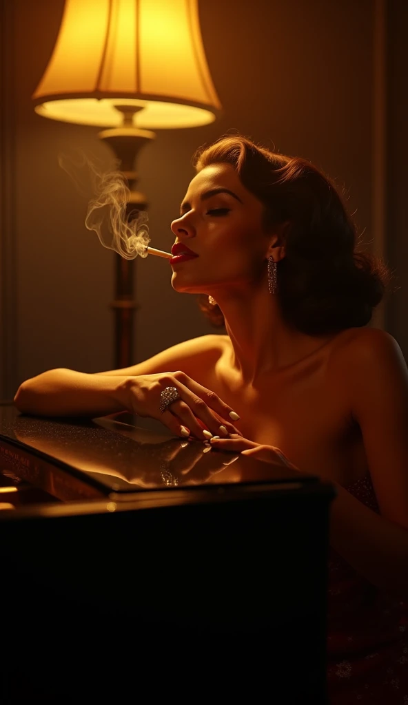 model photo of a 28 year old french brunette woman with brown hair smoking a glowing cigarette in a dark room while looking out a window, (silhouette:1.2), standing in a dark motel room, wearing a modest lounging gown, (detailed face and eyes), tousled hair, lined face, glowing embers from the cigarette faintly illuminates her face, raindrops splatter on the outside of the window, sharp focus, extremely dark lighting, dof, aesthetic, professional 35mm photograph, large breasts, deep cleavage