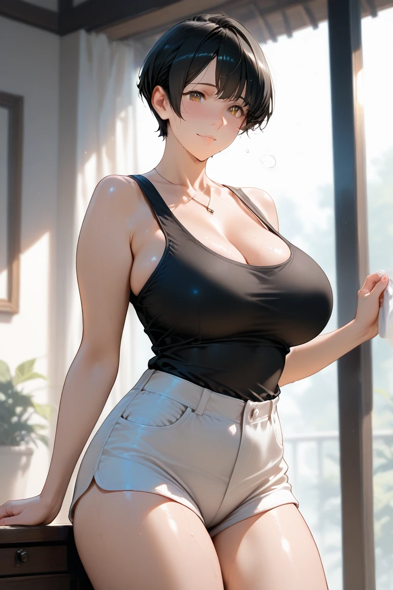 1girl,((35 year old mature woman)),(((black top with shorts))),((((1 girl))),(blue eyes)),(Very Intense Makeup)),((red lipstick)),((woman in makeup)), short hair, black hair,((masive breasts,)),((cleavage,))),extremely realistic female eye,(((solamente))),cuerpo perfecto,manos perfectas,cara perfecta,