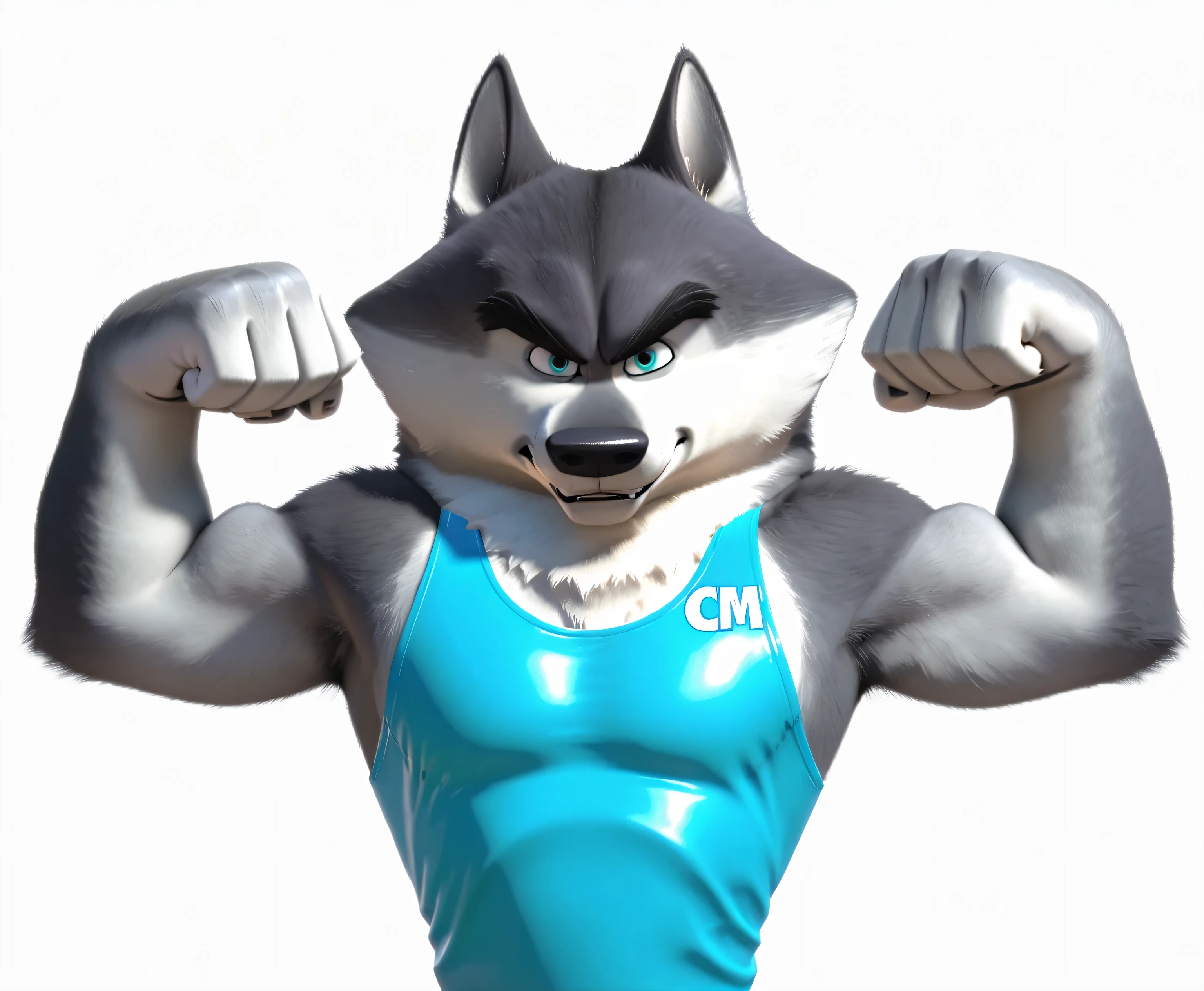 agentclassified, grey fur, wolf, blue eyes, muscular male, muscular, thick eyebrows, cgi, solo, white background, high quality, detailed, half body, looking at viewer, wearing wrestling singlet, thick arms, big hands, flexing