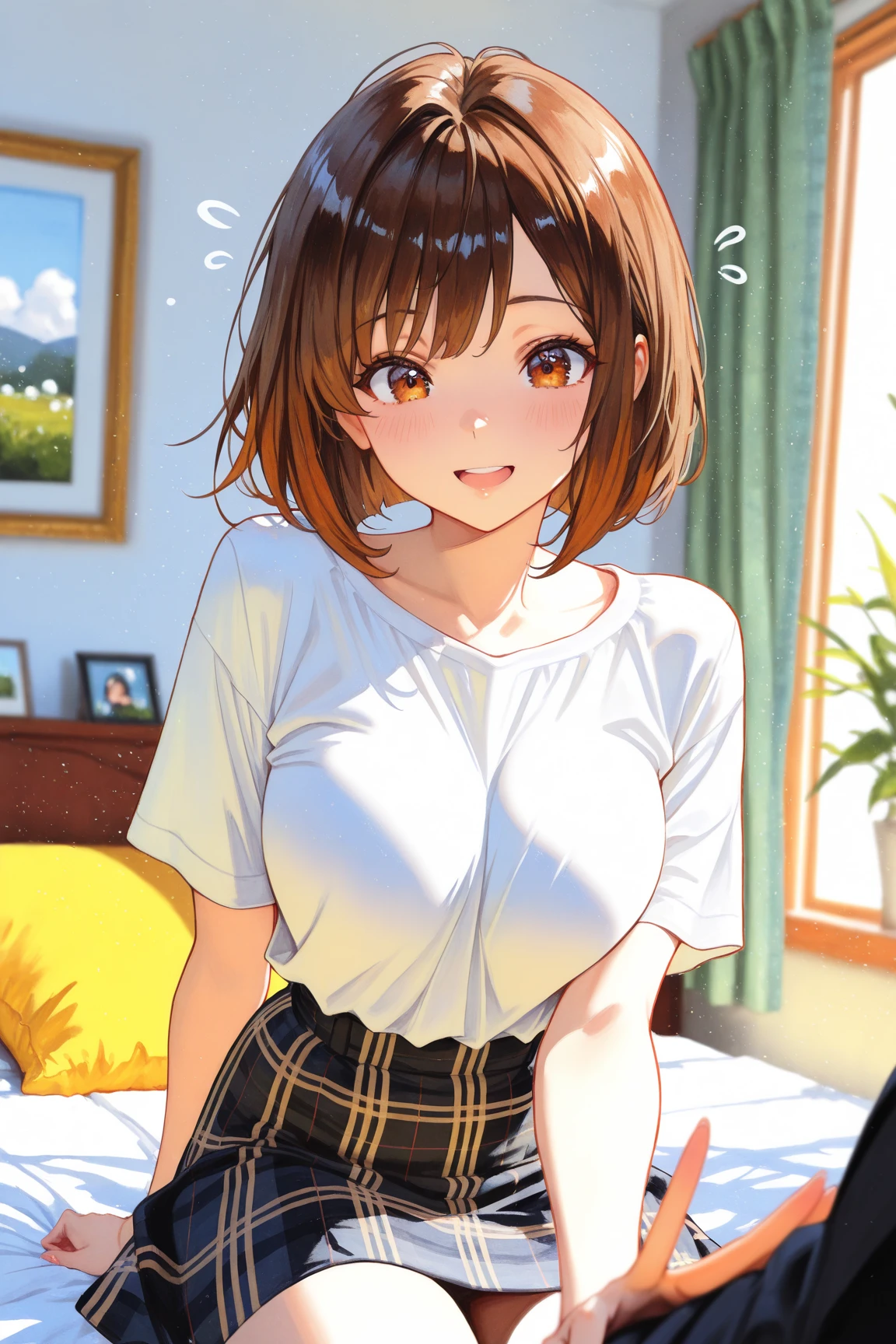 Photorealistic、Highest quality、Highest Resolution、Highest quality、16K、1 beautiful adult woman、Cute face、Delicate face、smile、Bob cut hair、Ash brown hair color、Brown eyes、Delicate eyes、Beautiful Eyes、Beautiful breasts、Big Breasts、valley、White long sleeve shirt、Panties、Overreaching、Yawn、bedroom、