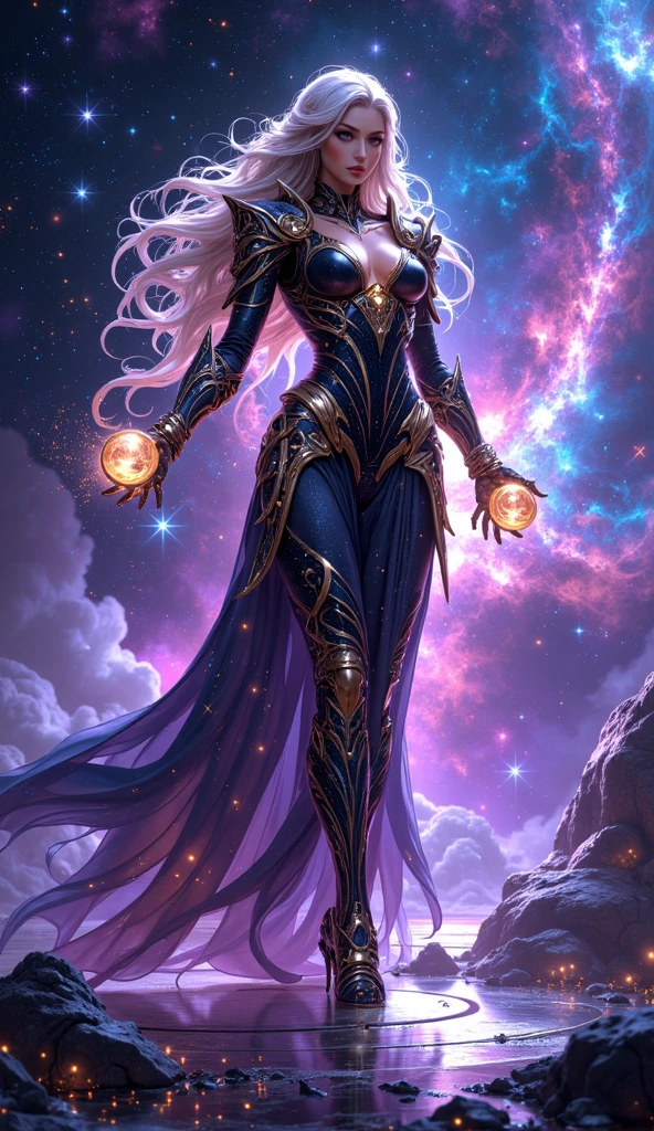 full body image, solo beautiful American brunette bombshell, very long curled hair, perfect face, glittery movie star makeup, wearing a long flowing dress of colors of a vibrant galaxy and bold nebula, goddess of the galaxy, magical, vibrant nebula colors, in a gorgeous, colorful, vibrant space setting, the atmosphere is magical and full of colorful sparkles
