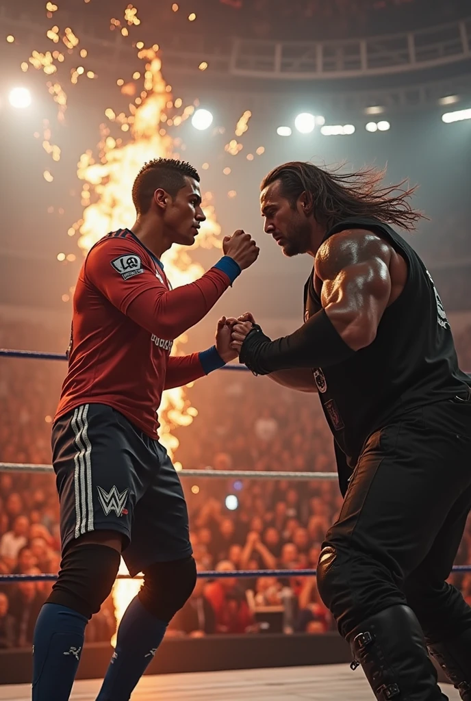 a muscular superhero in a blue and red costume fighting a professional wrestler in the ring, detailed facial features, dynamic action pose, dramatic lighting, cinematic composition, sharp focus, photorealistic, 8k, best quality