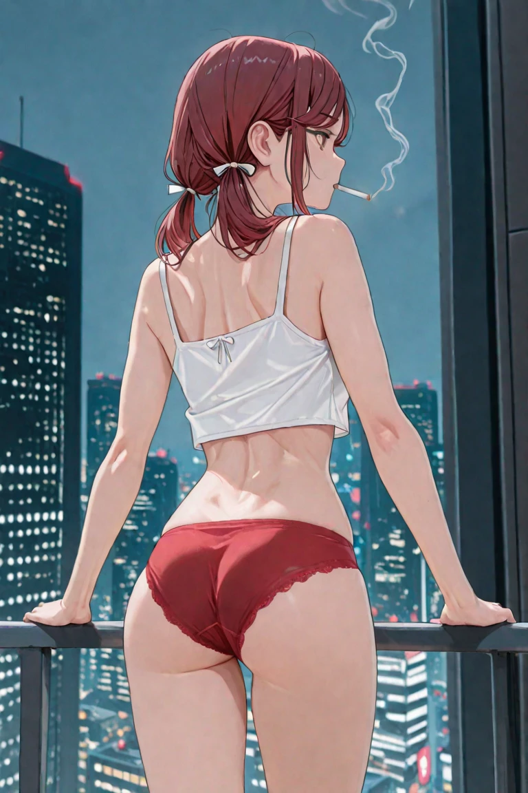 masterpiece, ((anime)), best quality, 8k, 1girl, souryuu asuka langley, tease, (getting dressed, white cotton bra, small, flat chest), expressionless, looking away, (bored), view from behind, bedroom, slender, narrow hips, small butt
