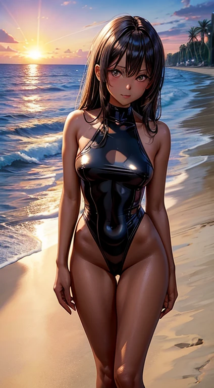 Lifeline, milf, mujer mayor, deep v dress, (( deep v dress black, ruborizada, sonrisa, feliz, oiled skin)), hairstyle double bun, (( red hair, arms behind the back )), ((arms behind the back )), Skinny body, small breasts, (( very small breast )), pecho plano , abs , muscle, Iparuputsua, standing , en la playa.