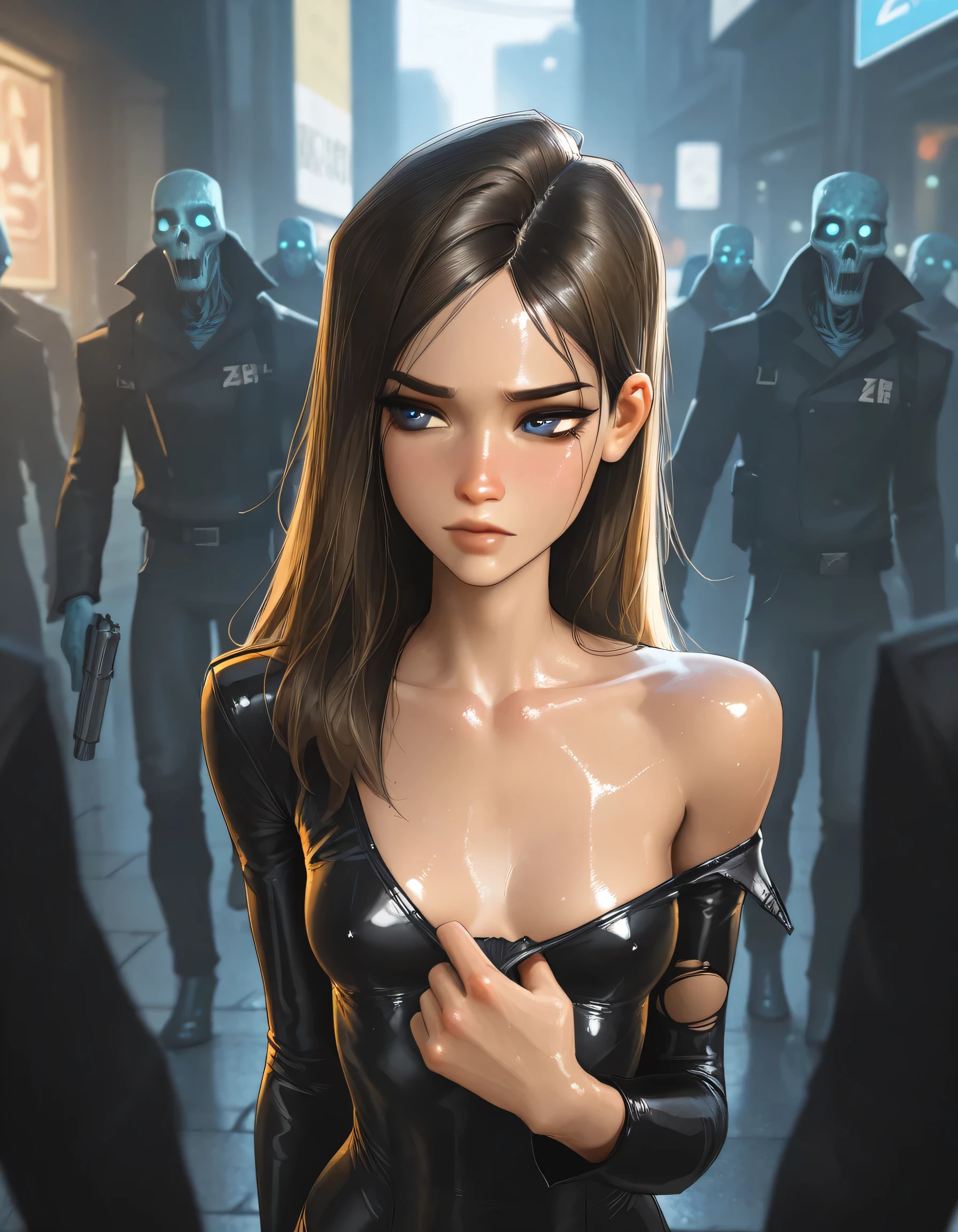 masterpiece, best quality, very aesthetic, movie quality, depth of field,soft saturation, focused subject, ,official style, shiny skin, 1girl,, brunette, shoulder length hair, small breasts, glossy skin, , slender body, oily skin, realistic eyes, fluids on skin, ,, shirow masamune, sam yang, (zombies, dark street, surrounded, tearingclothesoff, pulling on clothes), TEW2Juli, 1girl, brown hair, blue eyes, torn clothing,, holding gun