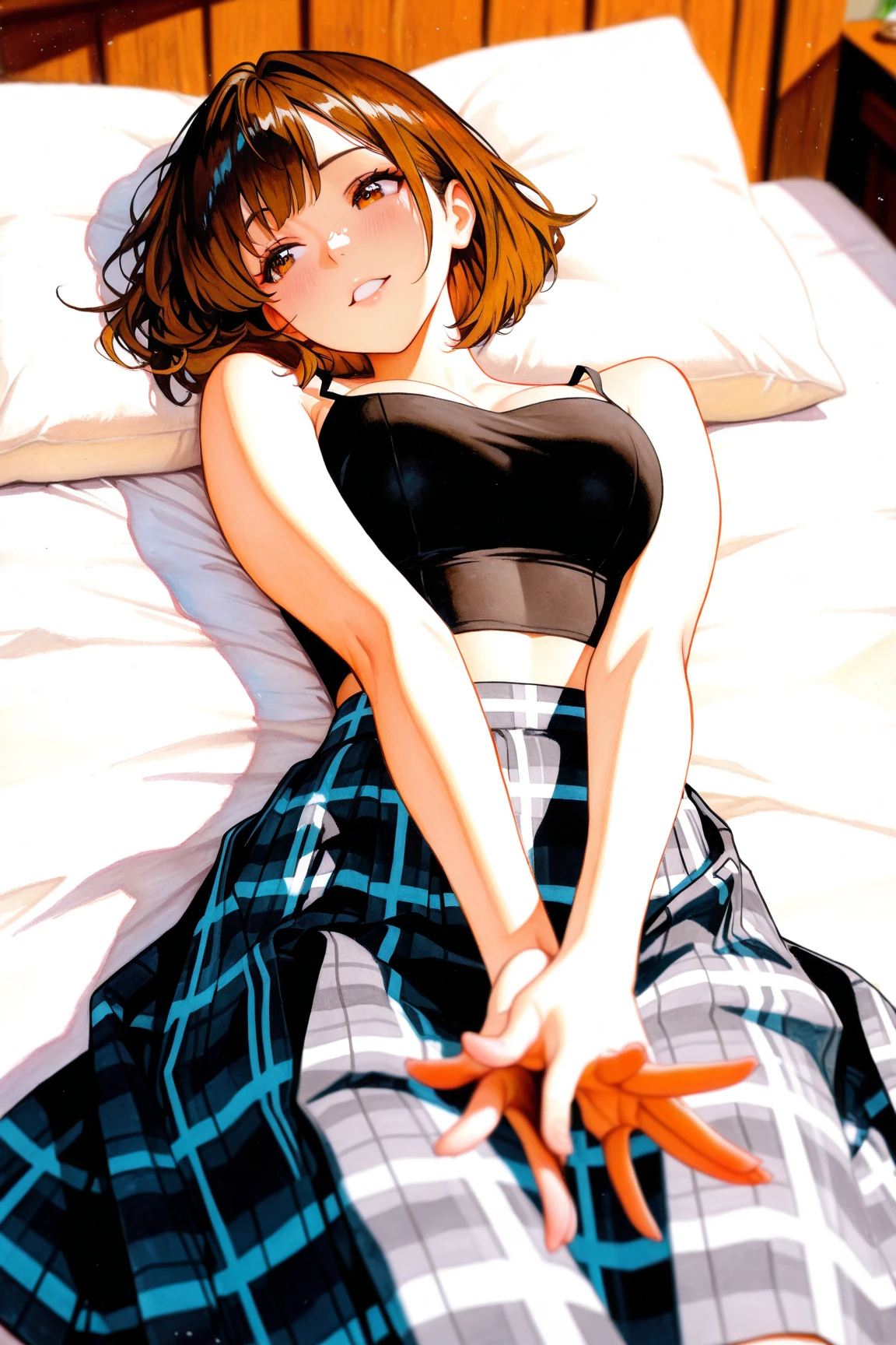 ((Highest quality, 8k, masterpiece:1.3, Realistic:1.3)), {{Lying in bed, From above, dakimakura}}, Japan , Single women, very light brown hair, With bangs, ( socks, Thick tank top,Cotton Side Preserved Songs), Highly detailed face and skin texture, Detailed eyes, Detailed lips, Highly detailed hair, Pure Eros Face, Embarrassed look, Natural Makeup:1.0,Skirt Lift,
