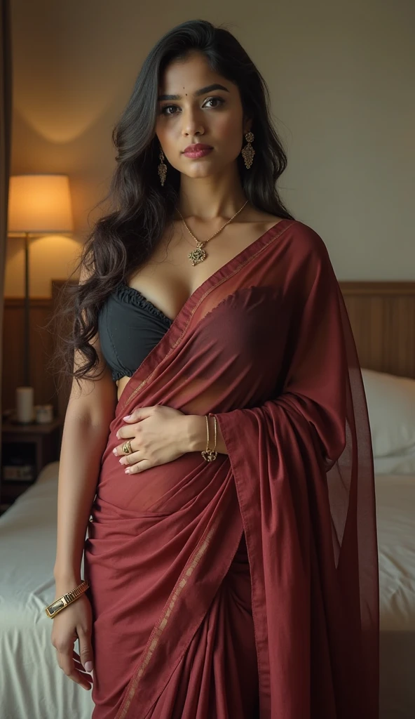Curve shape woman lying on bed wearing saree big