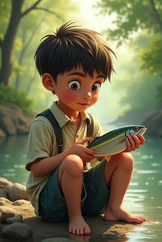 A 10 year old boy fishing, his skin color is brown has short brown hair and likes to fish, make him catching a fish