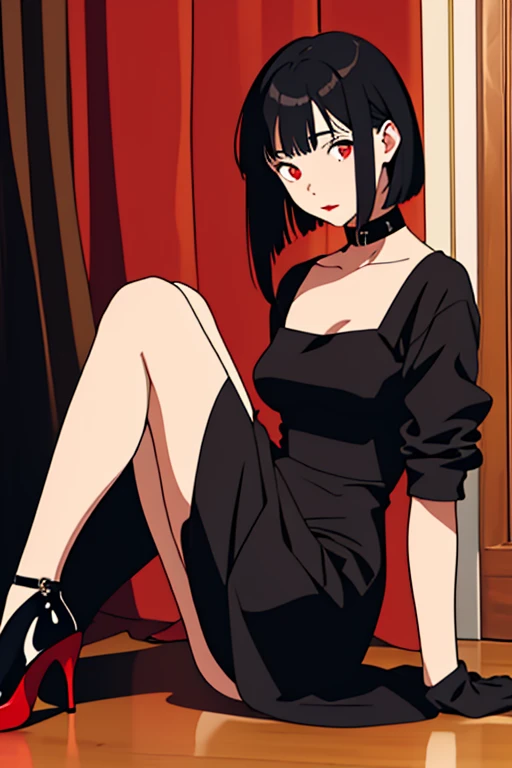 Kefla with black hair up, with red top and black pantyhose, one punch man style, feet focus, legs crossed, seductive, sitting, looking down at viewer