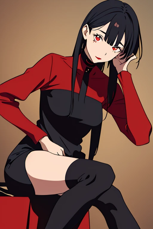 1girl, white hair, red eye, turtleneck shirt, black thigh-high stockings