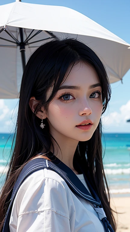((最high quality, 8K, masterpiece: 1.3, Ultra HD, high quality, 最high quality, High resolution, realism)) 、Beautiful 18 year old Japanese woman、Hair is black、Iridium Hair、My hair is wavy、smile、I want to keep my head out of the screen.、sit on a high breakwater on the beach、The blue sky is beautiful、There is a cloud at the entrance、that'summer、In jeanstshirt、There is a road in front of the breakwater.、There is a sign indicating the bus stop.、The sea is beautiful、Beautiful Horizon、 island can be seen offshore