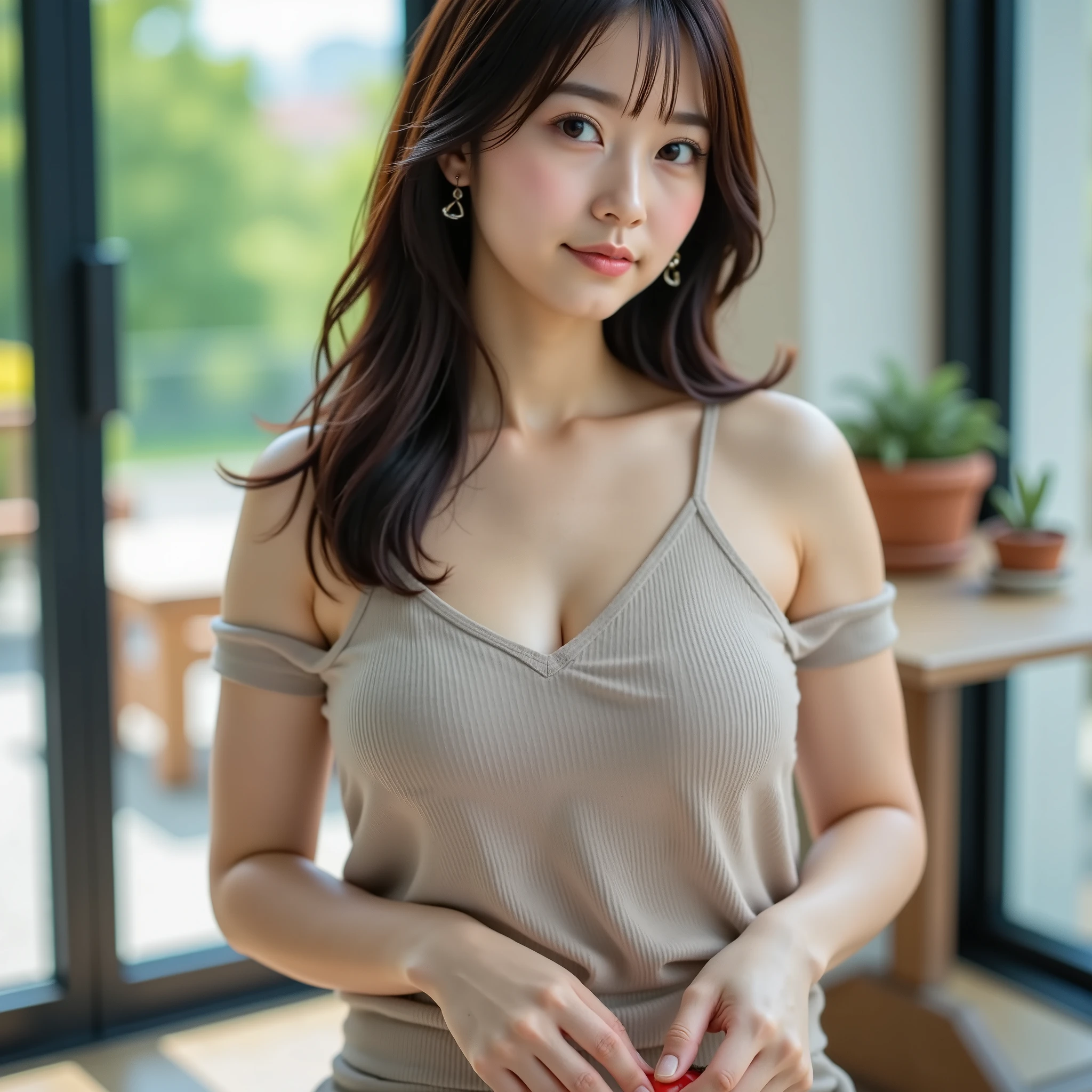 top quality,Surreal,Bokeh,Studio Lighting,after the first,womanhood with a soft texture,pose holding a small radish in the right hand, Japanese Top Idol, Accurate Carving of an Ideal Woman ,Natural Light,Magnificent atmosphere, Deep V-neck and beautiful chest、 beautiful pictures , tight clothing、Skirts