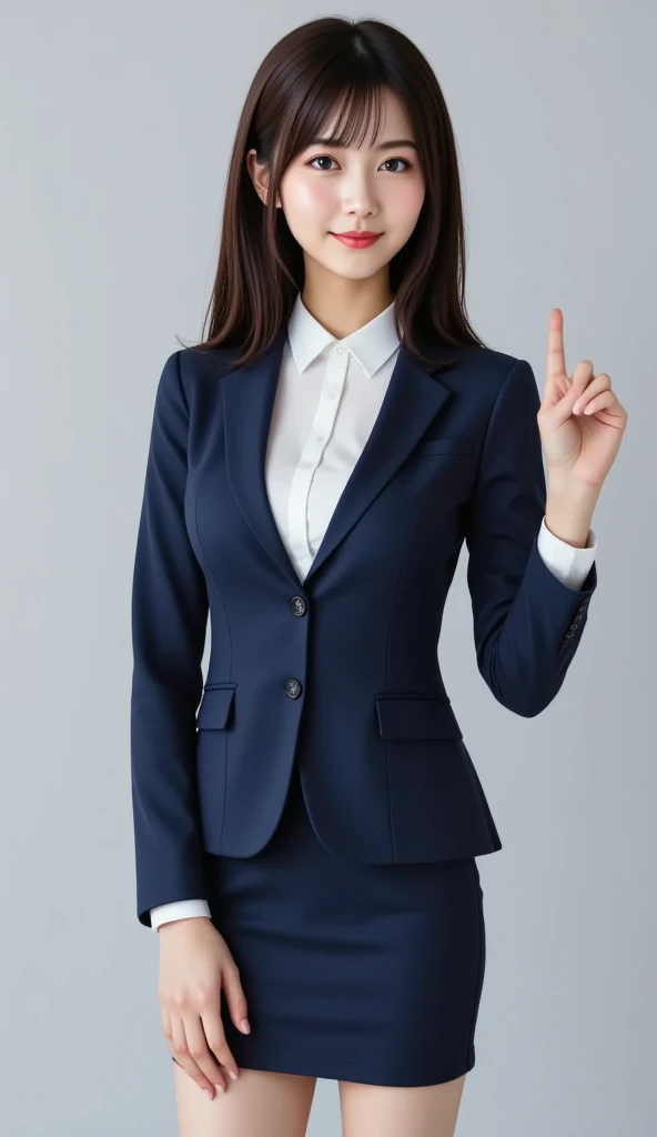 Woman in a suit standing on the sidewalk,((25-year-old woman))、Big Breasts、Dark brown hair color、Hairstyle with bangs、Various hairstyles、Hairstyles of different lengths、(8k, RAW Photos, highest quality, Tabletop: 1.2),、(Realistic, Realistic: 1.3), Cityscape,office district, Day, Sunny Morning, Professional Lighting, Photon Mapping, shirt, (Woman in a suit:1.1), ((dark Blazer:1.2))、A-line skirt、(Tight Skirt:1.3)、choker, ((Delicate photo)),(Detailed RAW Photos of Girls), (Tabletop:1.25), (highest quality:1.3), (high resolution:1.4), (Realistic:1.75), 8k resolution, Canon EOS R5, 50mm, absurdes, Ultra-detailed,Cinema Lighting, (Skirt Lift:1.4)、nsfw、smile、(race light blue panties), Skirt flipped up、