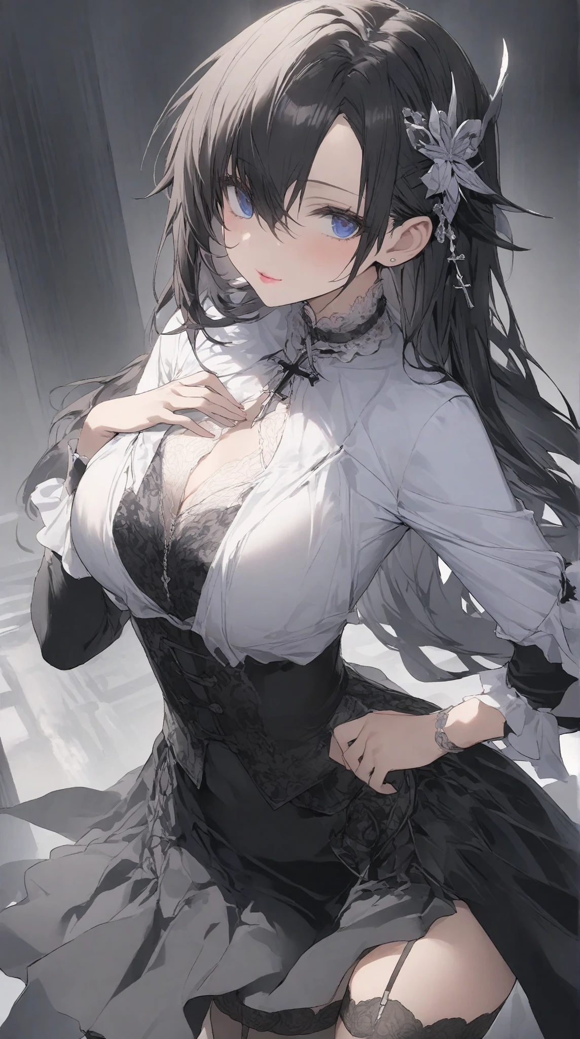 1 girl, mysterious expression, piercing eyes, long flowing black hair, gothic attire, enigmatic smile, pale complexion, elegant features
BREAK
dramatic high-angle shot, (bird's-eye view:1.2), symmetrical composition, stark monochrome, deep shadows, subtle highlights, haunting mood, artistic details
BREAK
ancient cathedral, stained glass windows, ornate pillars, flickering candles, ethereal atmosphere, secret whispers, timeless beauty, absurdres, highres, unique, masterpiece