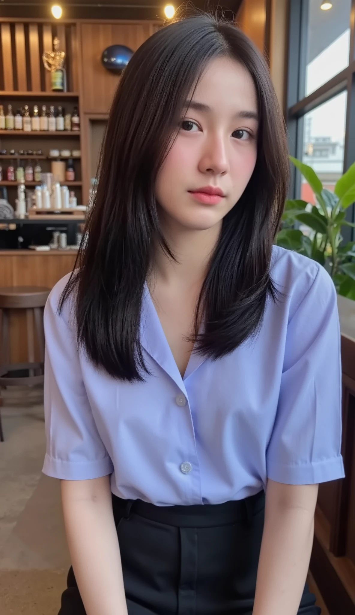 Realistic Teen Women Beautiful Face Black Long Hair Big Breasts Attractive Shape Looking At Camera 8K High Definition Sharp Focus Very High Detail Realistic Like Photo Natural Light Smooth Skin
Sitting in a modern loft-style restaurant next to Rama 9, she wore an open-buttoned blue shirt on two buttons with a black high-waisted skirt. The camera angle was slightly below her chest. Her eyes looked down at the camera with her head still straight. The atmosphere was warm and stylish.