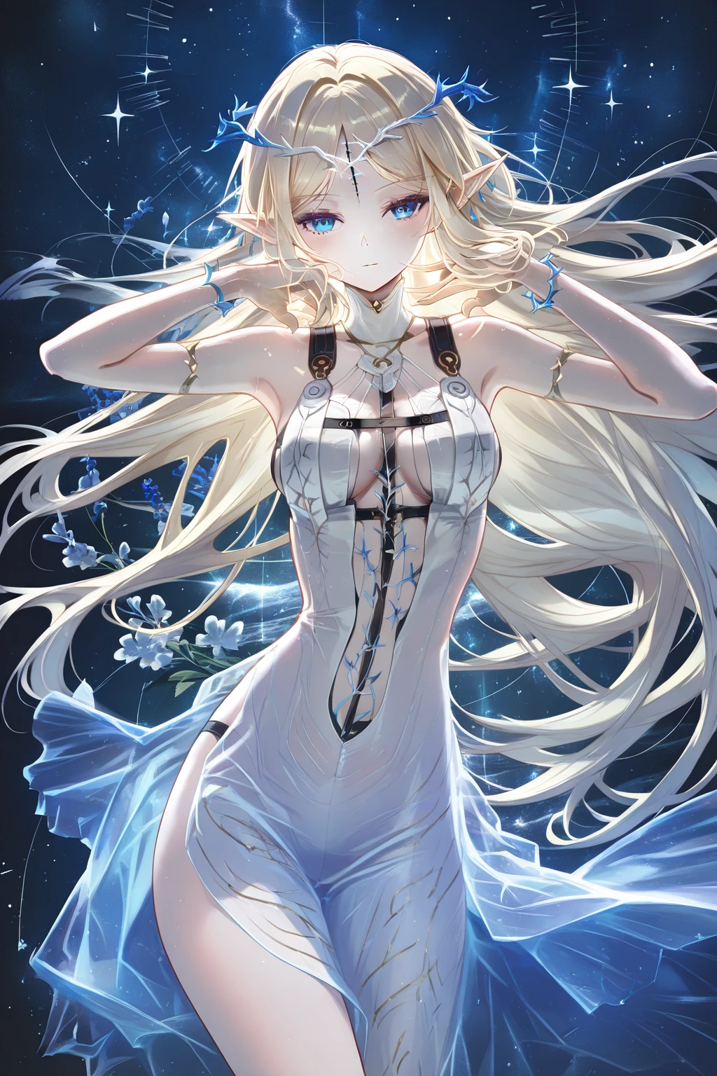 adult elf woman, White skin, Long loose blonde hair, blue eyes, She wears an elegant white dress with a little cleavage but not too revealing, calm look and expression, good figure