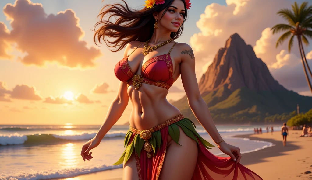 Rolf Armstrong Alberto Seveso acrylic on silk Matson Line Old Hawaiian theme Tahitian pareu floral print clothing grass skirts leis hula 1930s Waikiki Diamond Head Honolulu