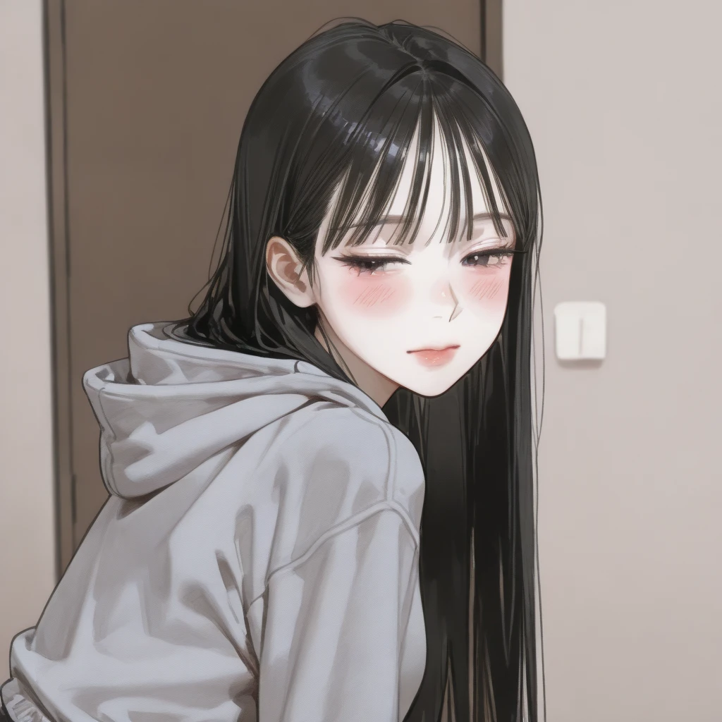 (Eyes HD :1.5), Highest Quality, clear focus, soft detail, Delicate eyes, Light Korean makeup, half-closed eyes, Looking back slightly, Focus on the upper body , long black straight hair, Korean Female Student, Back view of , and slightly raised shoulders, A little blush, A comfortable gray hoodie with the upper body leaning forward, high angle,
