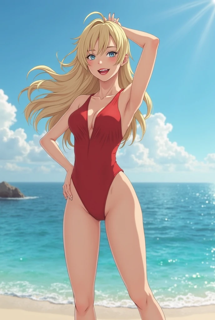 (((32k))),(((of the highest quality)) , woman with long straight blonde hair, black eyes, freckles on the cheeks, Nose piercing, slender body, pompous lips, backwards, slender body, wearing a red two piece swimsuit, background sea, on the beach, during the day, whole body.