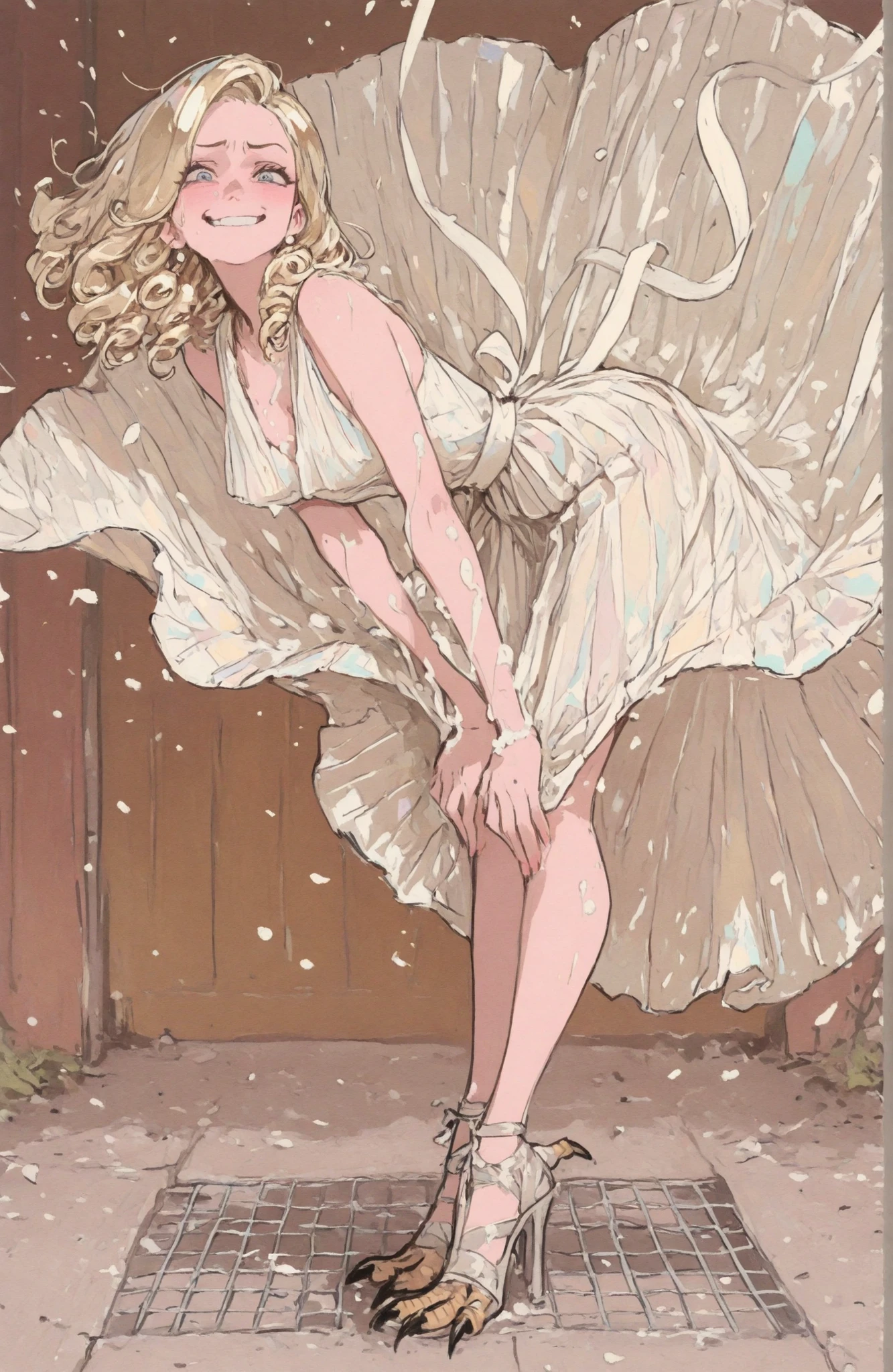 comics cartoon 1.tyle,marina Laswick very sexy very beautiful is Marilyn Monroe with a little smile,very beautiful light dress very low-cut very very transparent pleated pastel cream yellow,talons aiguilles ,very beautiful very generous chest,curly golden hair,leaning over a disgusted mouth hands on knees holding her dress in the wind,comics cartoon 1.tyle