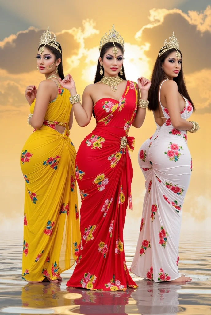 portrait,(NSFW 0.75) boy,woman, ((princess pose)) ,very very big breast, soft nylon sexy saree , orange , pink ,teal,red, yellow colour ,flower design modern light wedding saree,  colorful, flower armor,  good anatomy,  best quality,  (((masterpiece))),  high quality,  realist,  best detailed,  details,  realist skin,  skin detailed,  underboobs,  beautiful  posing under a fairy tale of exotic magic,lehenga choli, girl immersed in water , soaked saree, meadows background , bokeh effect , chubby , nipple slip , put milk in breast,off shoulder, strapless blouse, different saree wearing style,(multi chain jewellery blouse),(wearing jewellery on blouse)(buttocks and looking back)