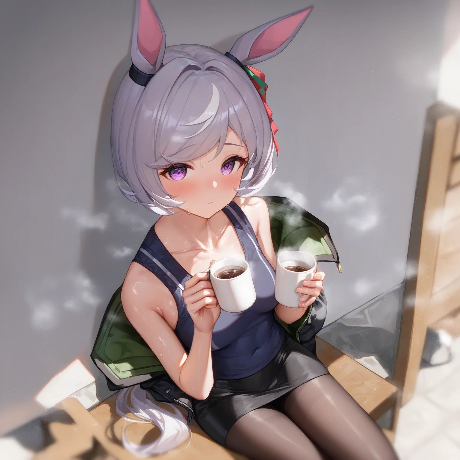 By fumiko, by hyattlen, by hioshiru, Sadie, mature female, all white lop rabbit, long floppy white rabbit ears, dark gray eyes, white sclera, pink rabbit nose, cute snout, jitome:1.4, eyes half open, sleepy, dark bags under eyes, cranky, angry:1.4, furrowed eyebrows, wearing very loose large white t shirt, black thong, in a kitchen, holding a mug of coffee with both hands, messy unkempt black emo hair, short shaggy hair,