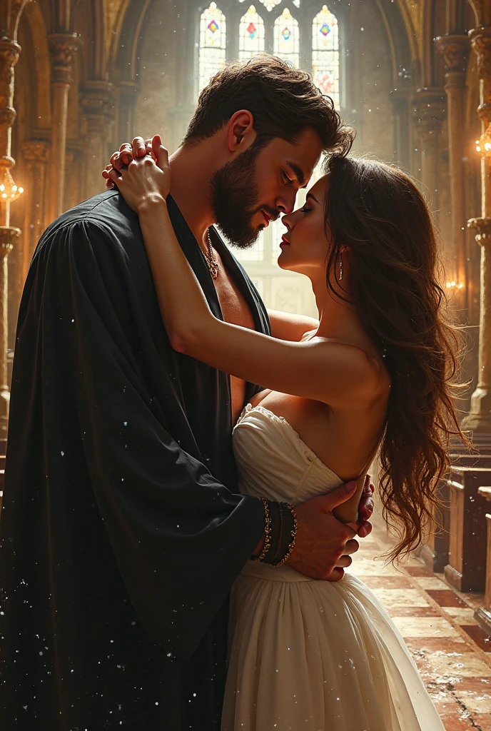 In a dimly lit, opulent chamber within the dark fantasy palace, Lady Seraphina d'Aurelis and Kael Valaran share an intimate moment. Seraphina, clad in a revealing, diaphanous nightgown that accentuates her seductive and commanding presence, leans close to Kael. Her expression is a blend of allure and cold calculation, her eyes gleaming with dangerous intensity as she gazes into Kael's, probing the limits of his loyalty and desire. Kael, rugged and battle-hardened, stands near her, his face a canvas of conflict—torn between his attraction to her and his awareness of the power she wields over him. The tension between them is electric, a perilous mix of desire and manipulation. Rich, dark fabrics adorn the chamber, while flickering candlelight casts shadows that heighten the mysterious and foreboding atmosphere. This pivotal moment between Seraphina and Kael, rendered in a realistic, dark fantasy style, captures the complex and intense emotions at play.